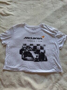McLaren F1 Team Women's White Cropped T-Shirt Size L Car Graphic Tee